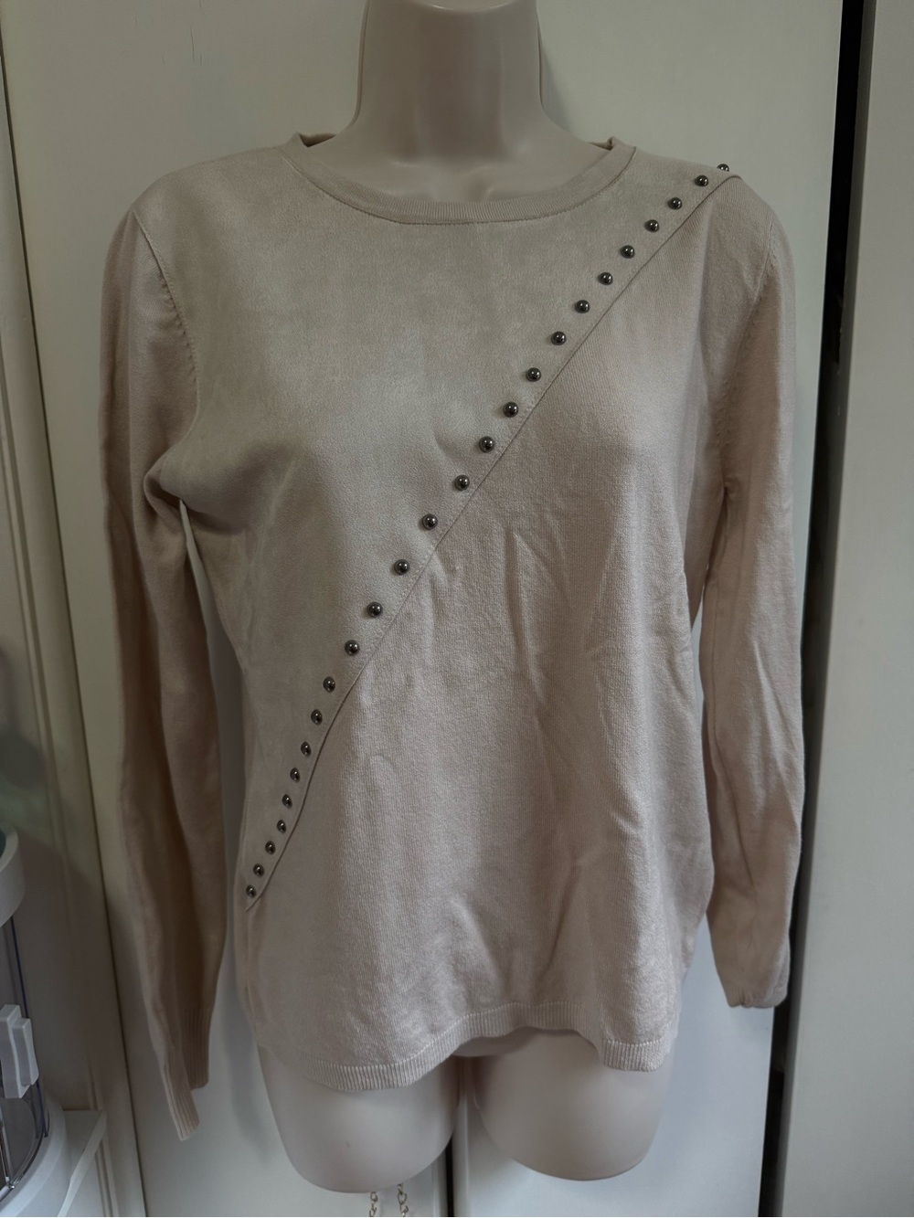 Sioni Beige Mixed Media Studded Sweater